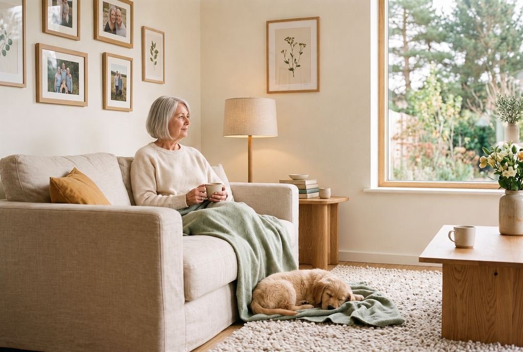 Eine Frau um die 60 sitzt mit Tee auf dem Sofa, davor schläft ein Golden-Retriever-Welpe auf einer Decke