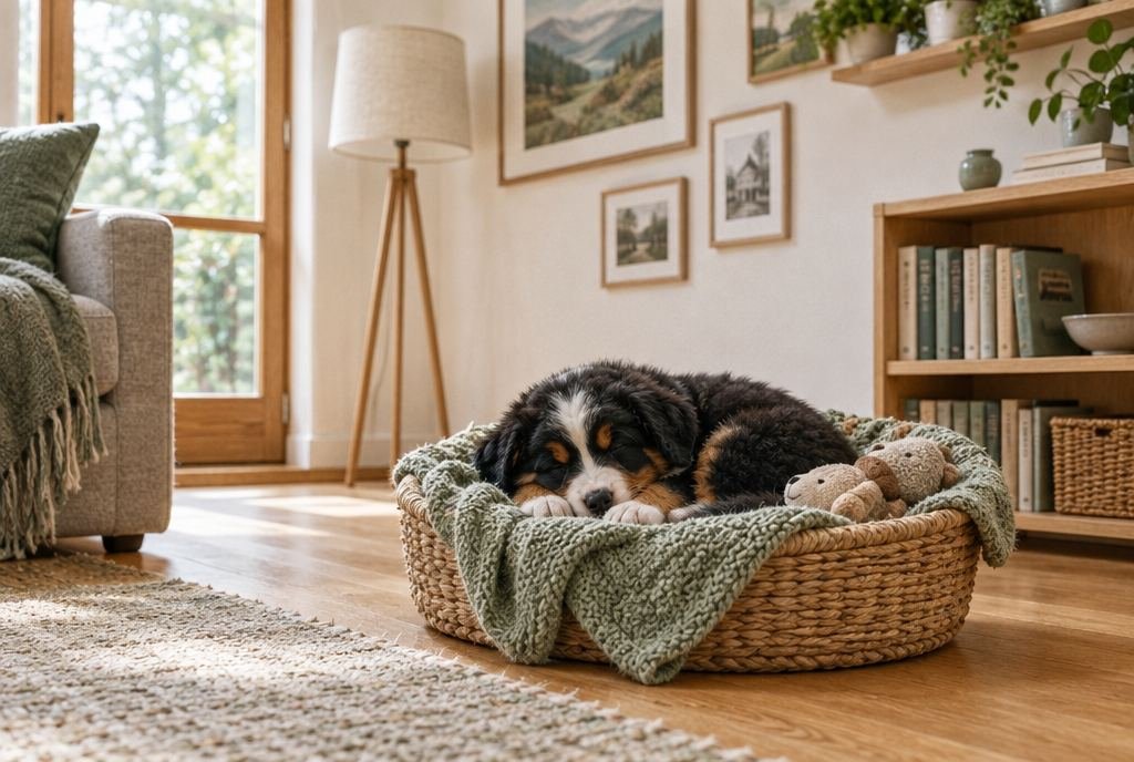 Ein Berner-Sennenhund-Welpe schläft zusammengerollt auf einer salbeigrünen Decke auf dem Sofa