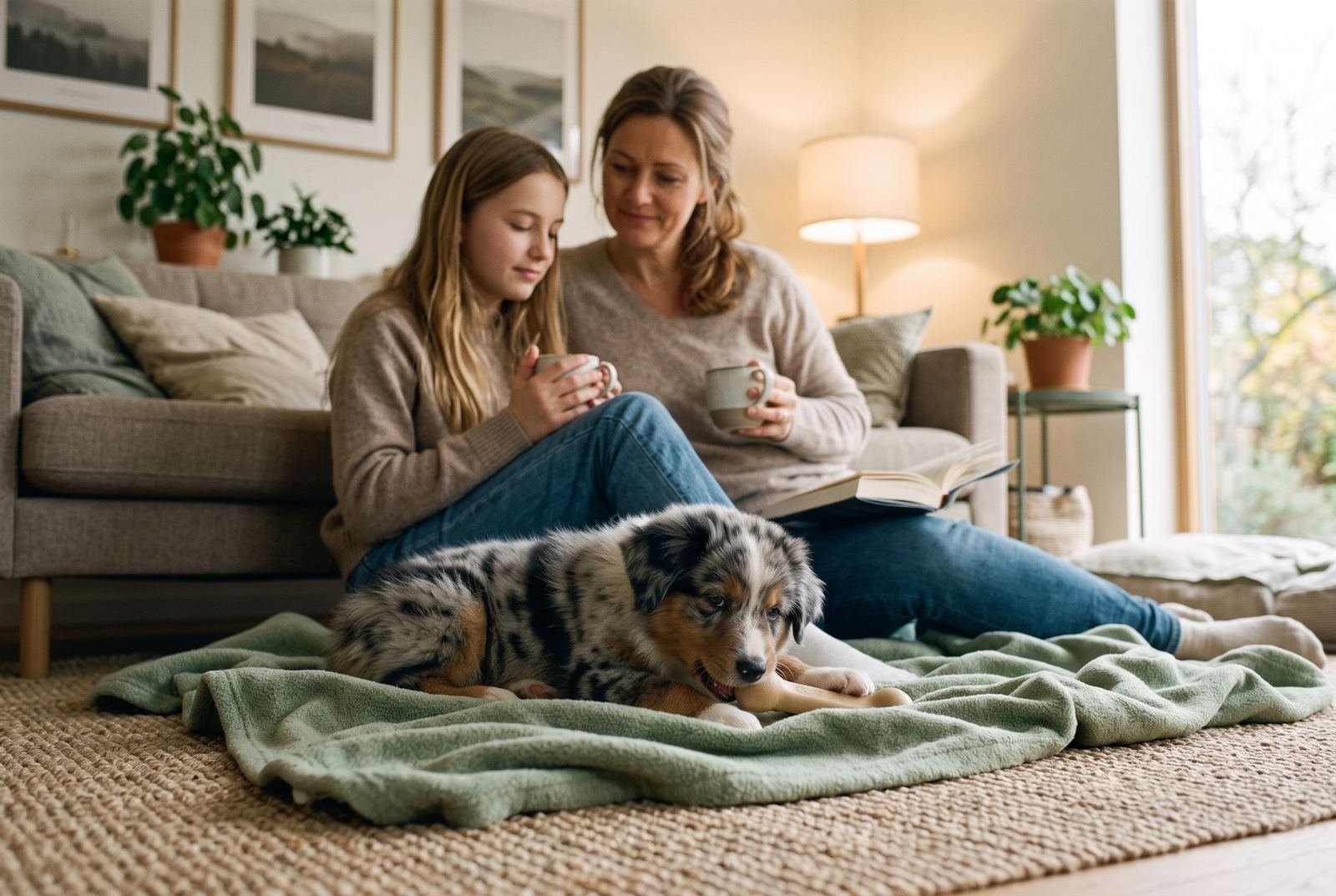 Mutter und Tochter sitzen mit Tee auf dem Boden, ein Australian-Shepherd-Welpe kommt auf der Decke zur Ruhe