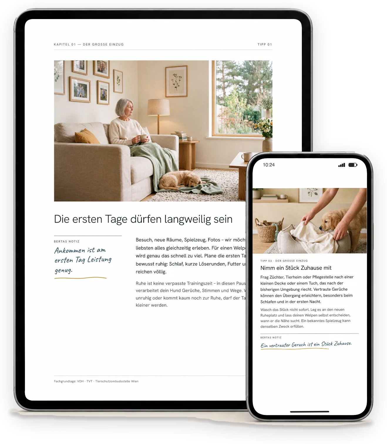Seiten aus „Unser Welpe zieht ein“ auf einem Tablet (A4-Ausgabe) und einem Handy (Handy-Ausgabe)