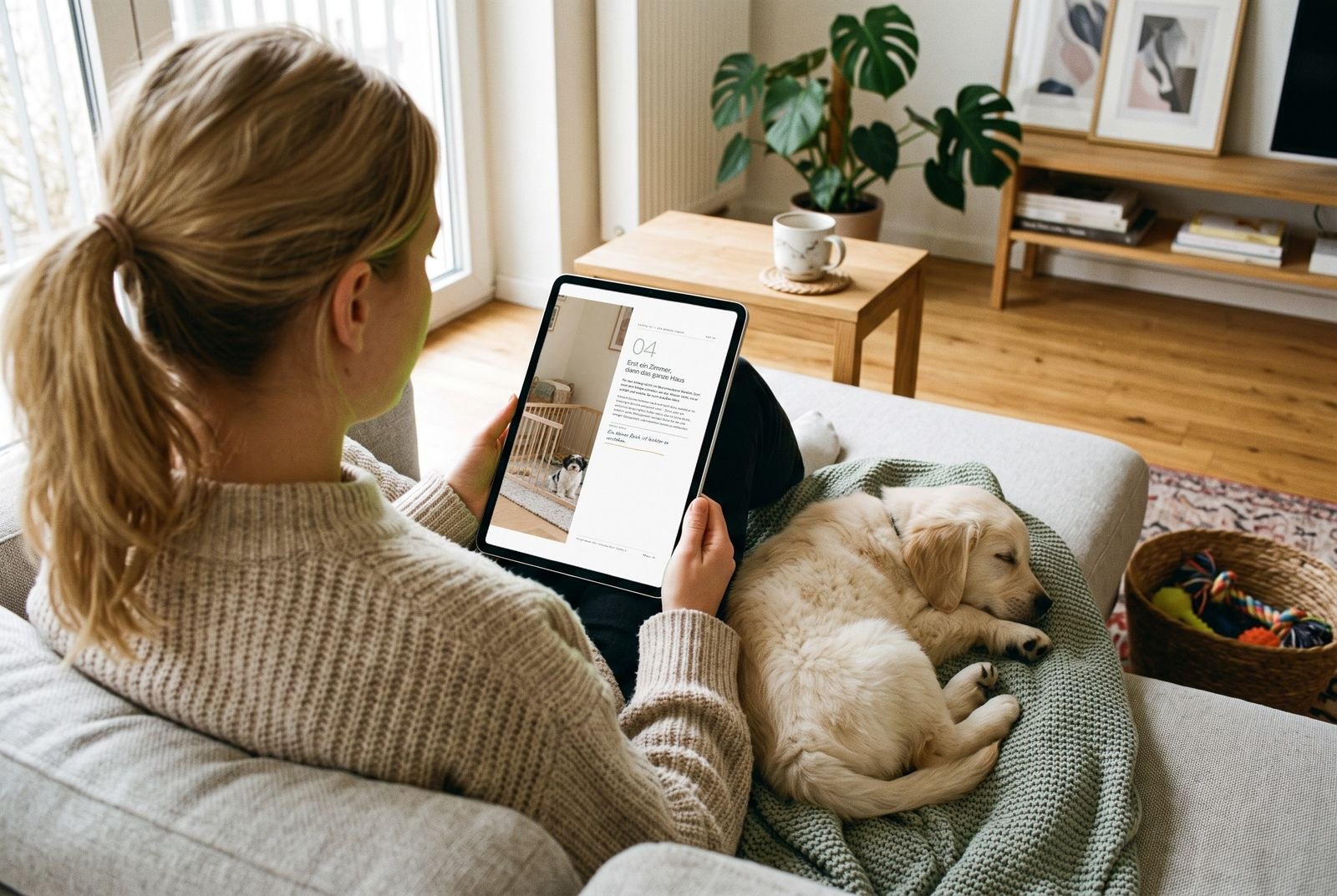 Jemand liest „Unser Welpe zieht ein“ auf dem Tablet – auf dem Bildschirm eine echte Seite aus dem Guide