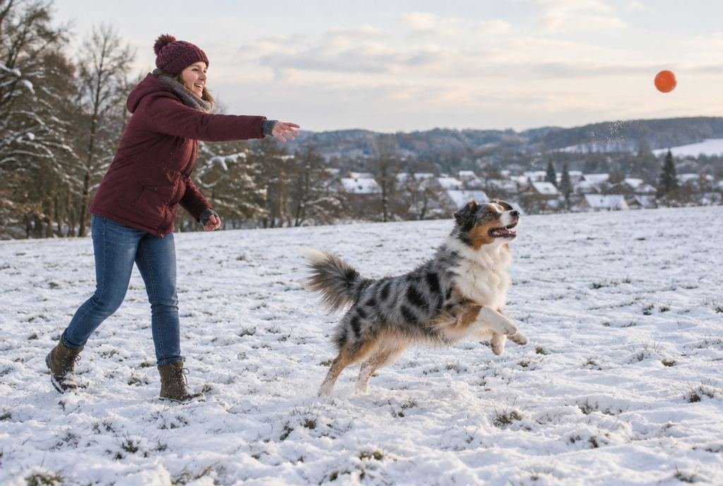 Eine Frau wirft auf einer verschneiten Wiese einen Ball, ihr Australian Shepherd springt hinterher