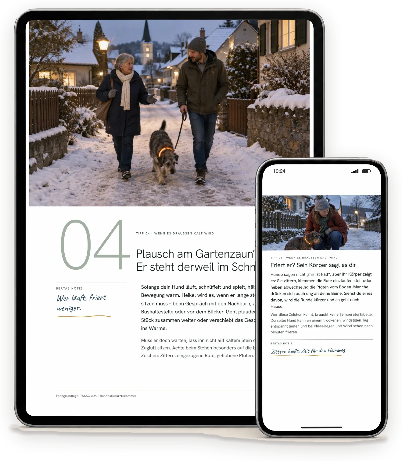 Seiten aus „Winter & Weihnachten mit Hund“ auf einem Tablet (A4-Ausgabe) und einem Handy (Handy-Ausgabe)