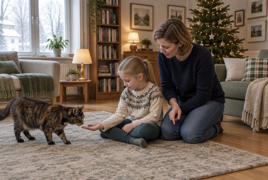 Mutter und Tochter sitzen vor dem Weihnachtsbaum auf dem Teppich, die Tochter hält ihrer getigerten Katze die Hand hin