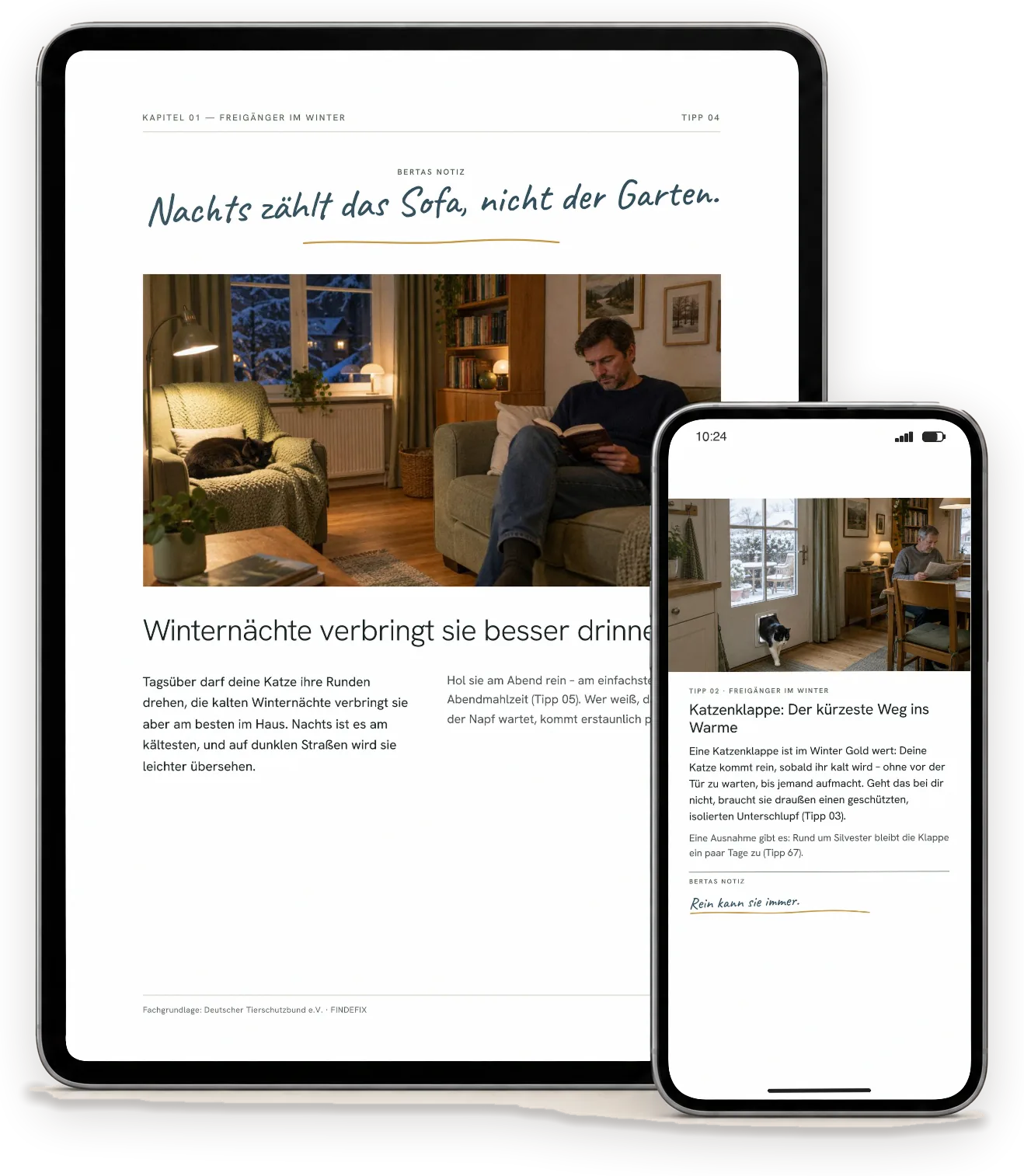Seiten aus „Winter & Weihnachten mit Katze“ auf einem Tablet (A4-Ausgabe) und einem Handy (Handy-Ausgabe)