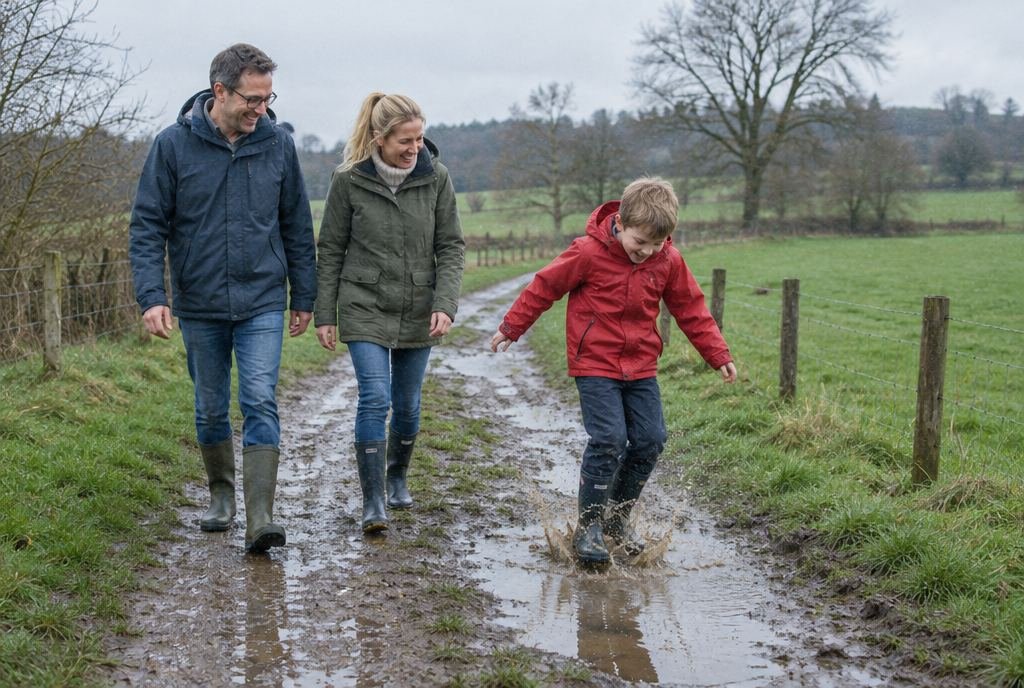 Eine Familie geht an einem grauen Wintertag einen Feldweg entlang, der Junge in roter Jacke springt in eine Pfütze