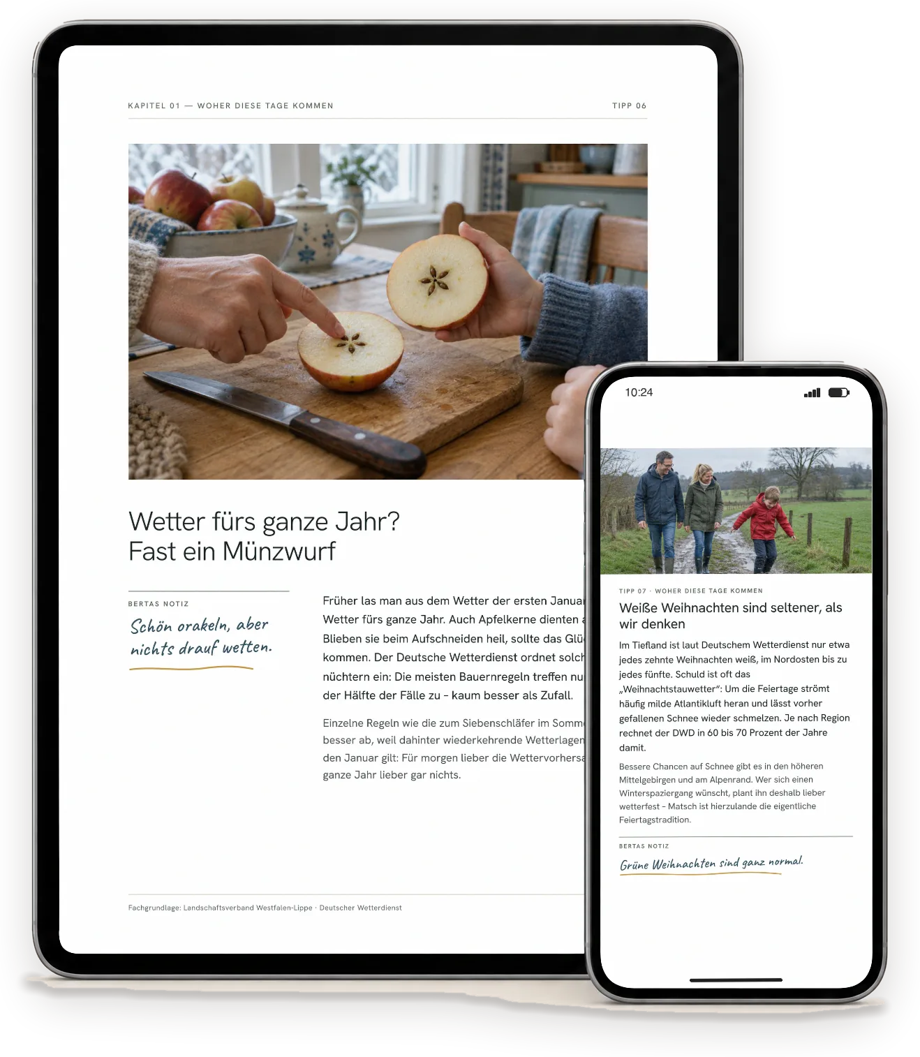Seiten aus „Zwischen den Jahren“ auf einem Tablet (A4-Ausgabe) und einem Handy (Handy-Ausgabe)